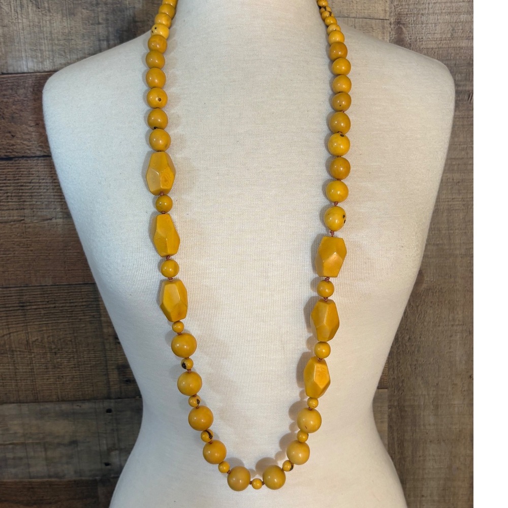 Vintage Mustard Yellow Beaded Necklace Faceted Geometric Round Long Opera Strand